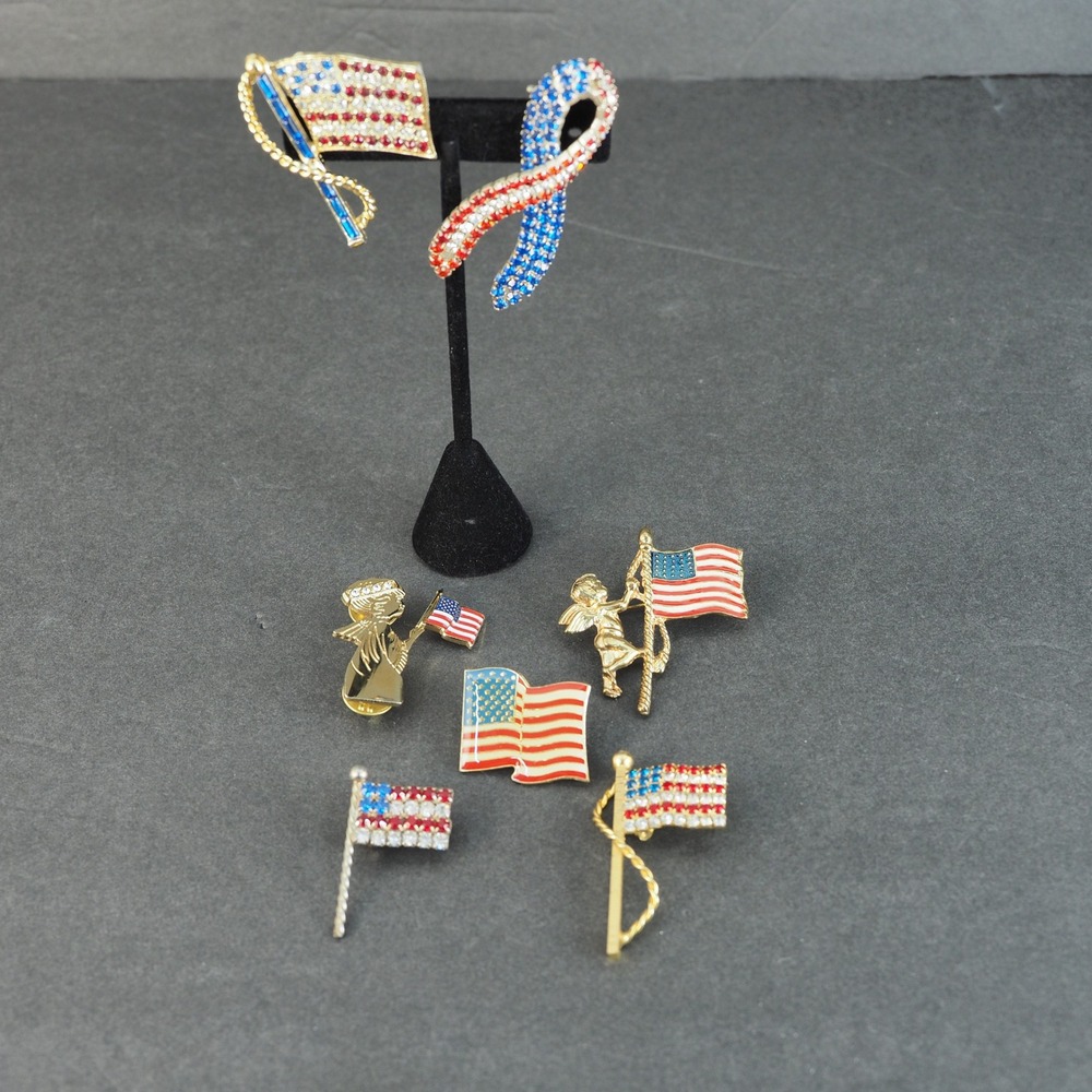 Patriotic Pins Lot American Flag Angel Liberty Ribbon Rhinestone Enamel Vintage